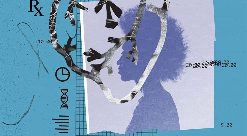 Collage photo illustration of a photo of a black woman, graph paper, charts and graphs symbols, dna symbol, Rx symbol, pen scribbles, and the anatomy of a human heart.
