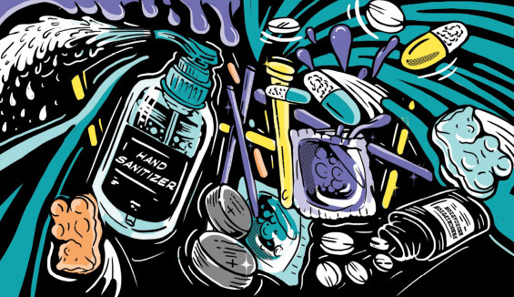 An illustration of common items people call about, such as hand sanitizer, edibles, and pills