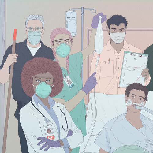 Illustration of hospital employees in masks and a patient.