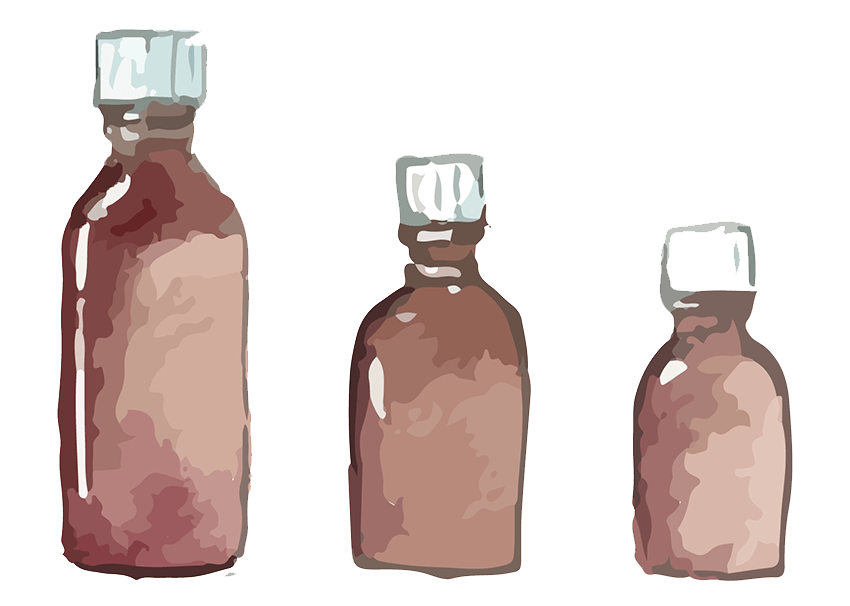 Watercolor illustration of three brown medicine bottles, arranged largest to smallest.