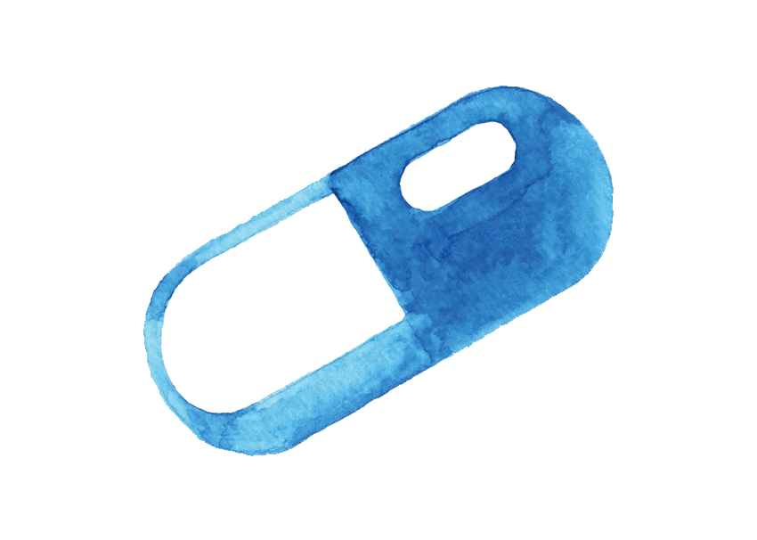 Watercolor illustration of a blue and white pill.