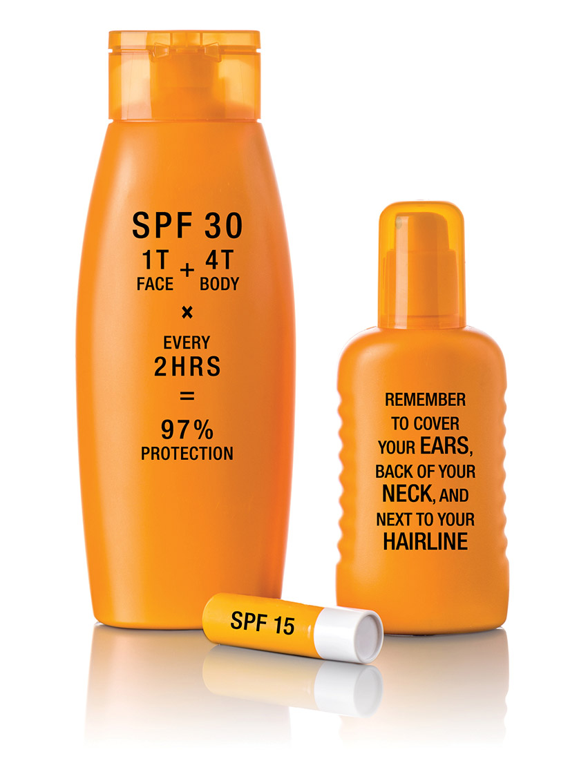 A photo of an orange sunscreen bottle, moisturizer bottle, and chapstick; on the left the sunscreen bottle reads "SPF 30; 1T Face plus 4T Body times every two hours equals 97% protection"; on right, moisturizer bottle reads "Remember to cover you ears, back of your neck, and next to your hairline"; bottom middle, chapstick reads "SPF 15".