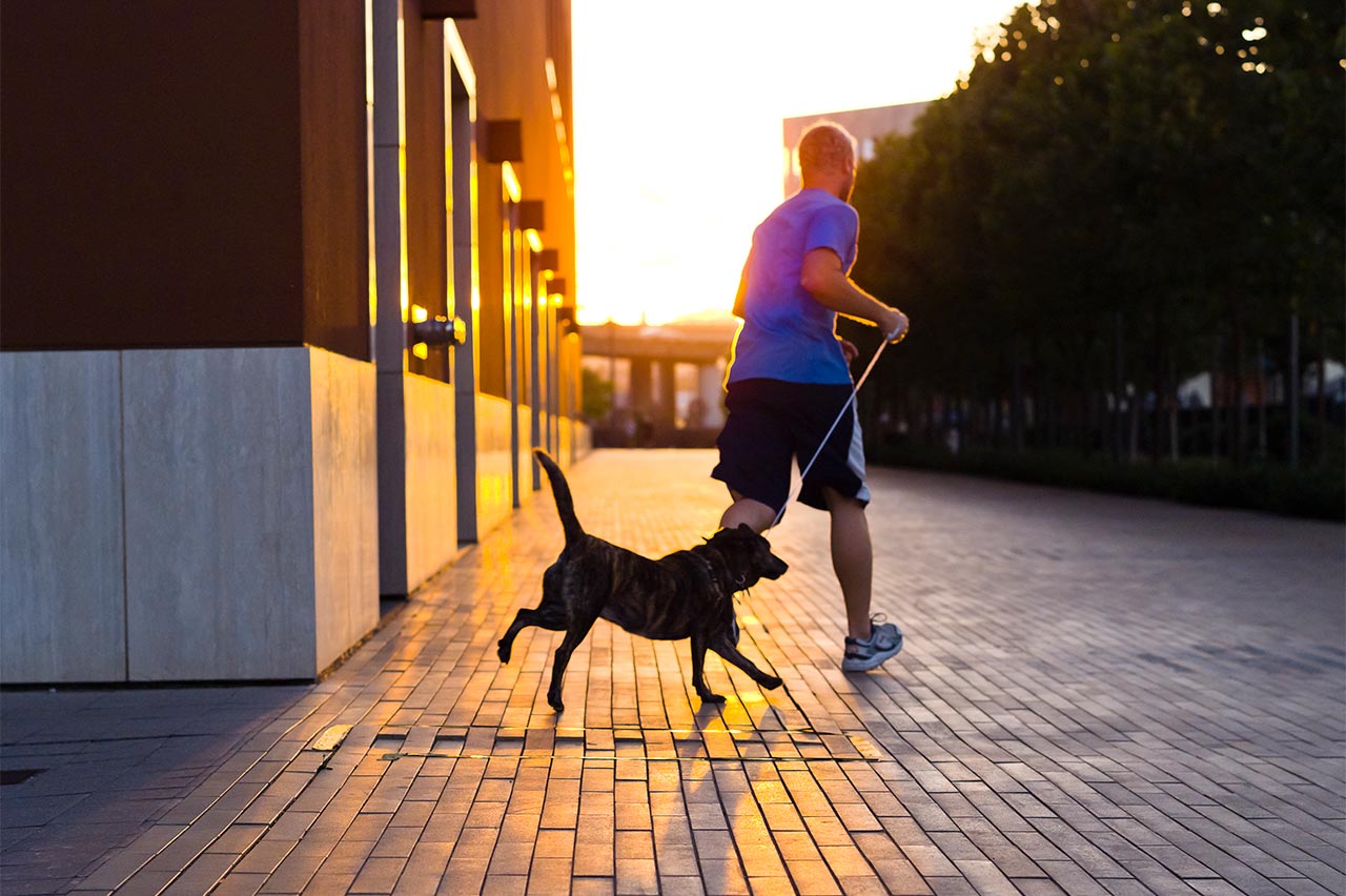 A photo of a man running with a dog on a leash at sunset on UCSF's Campus.