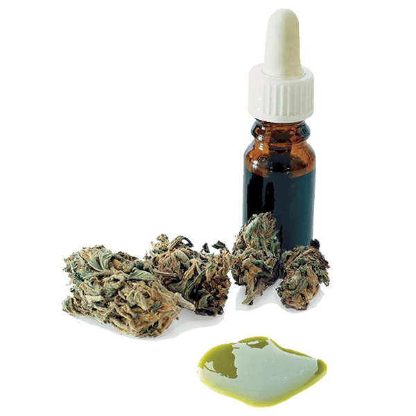 Photo of nuggets of marijuana buds, a pool of CBD oil, and a small tincture bottle.