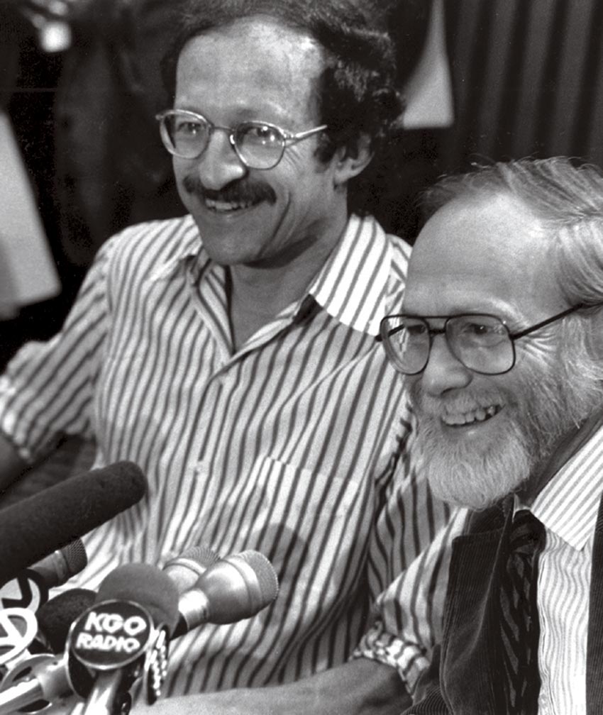 J. Michael Bishop and Harold Varmus at a press conference.