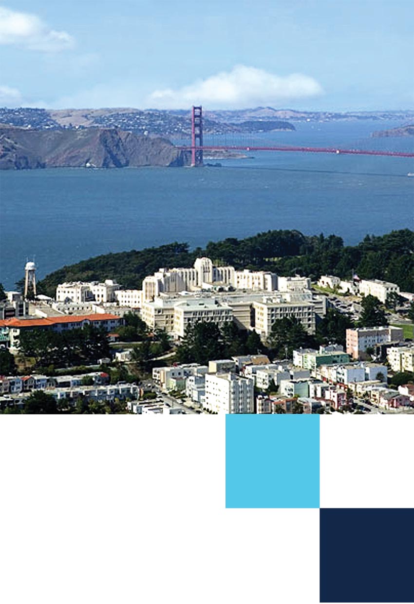 San Francisco VA Medical Center with the Golden Gate Bridge in the background.