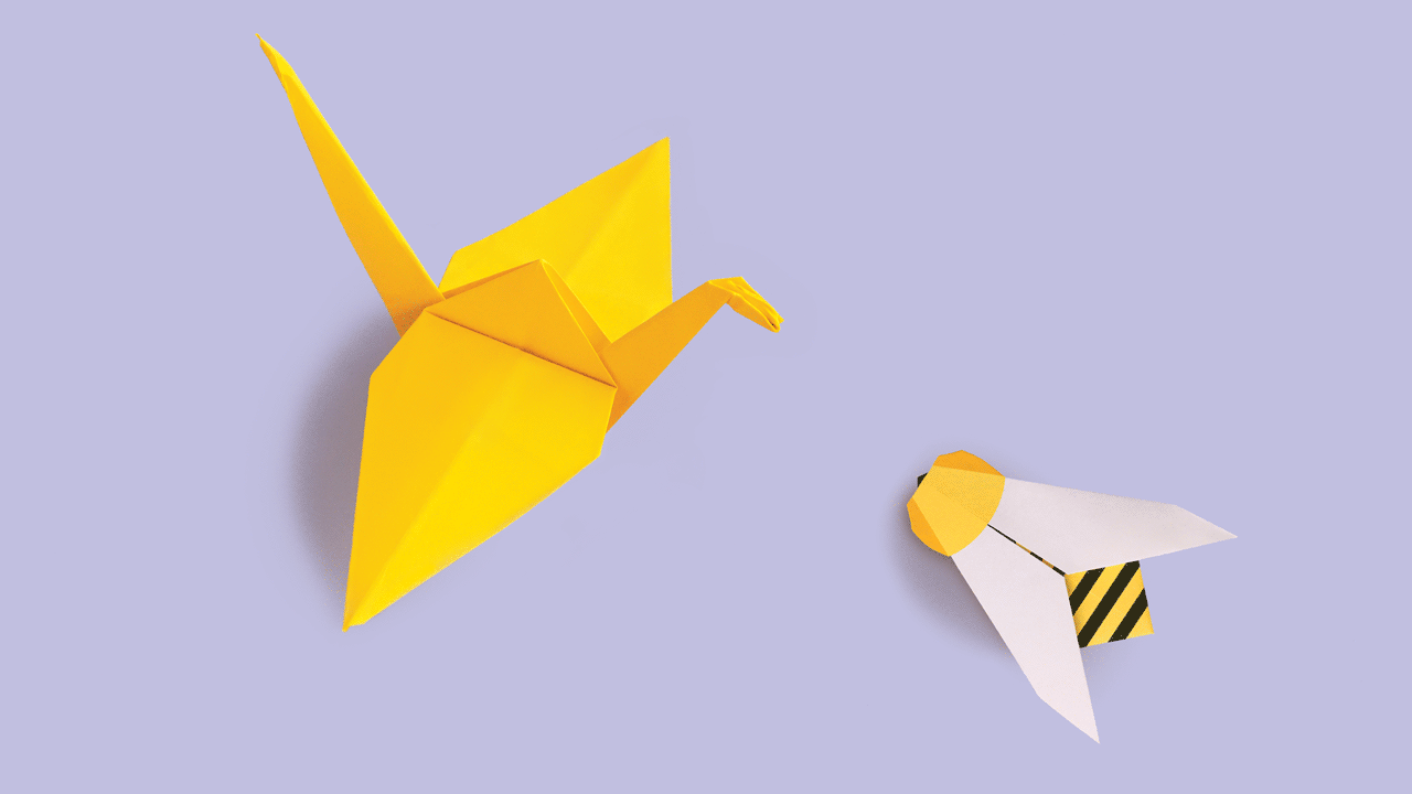 Animation of an origami crane and bee moving closer together and then apart.