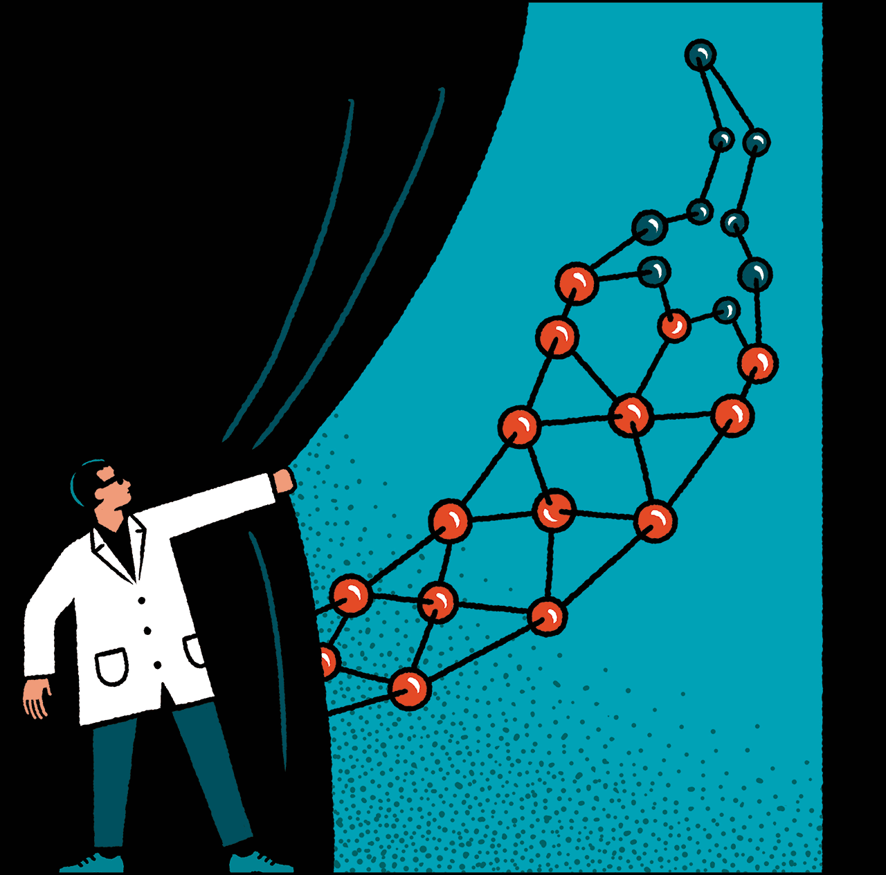 Illustration of a scientist pulling back a curtain to reveal a chili pepper made out of molecules.