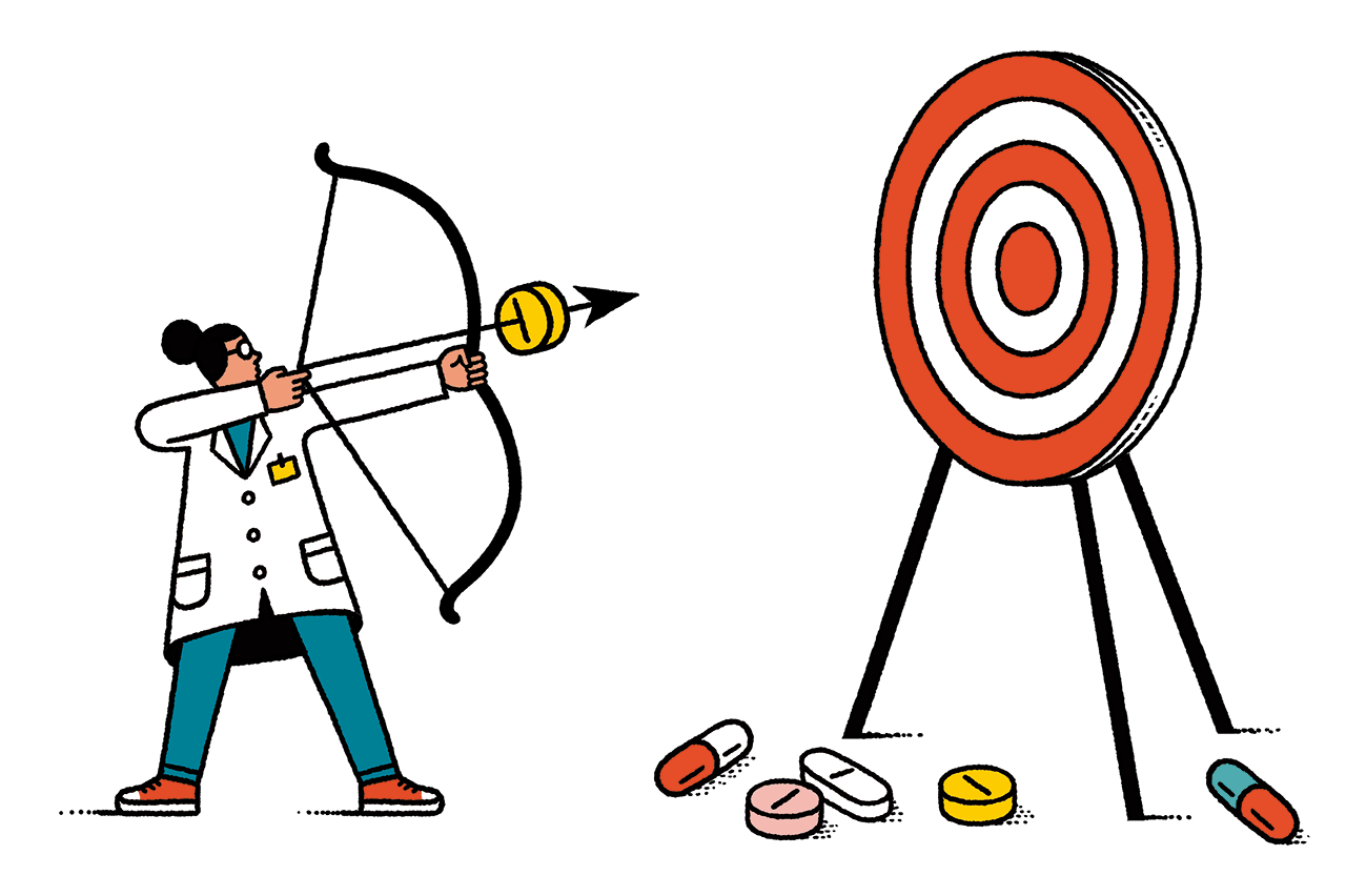 Illustration of a scientist with a bow and arrow that has a pill on the end of the quiver; she points at a bullseye target, with several other pills scattered on the ground where they didn't hit the target.