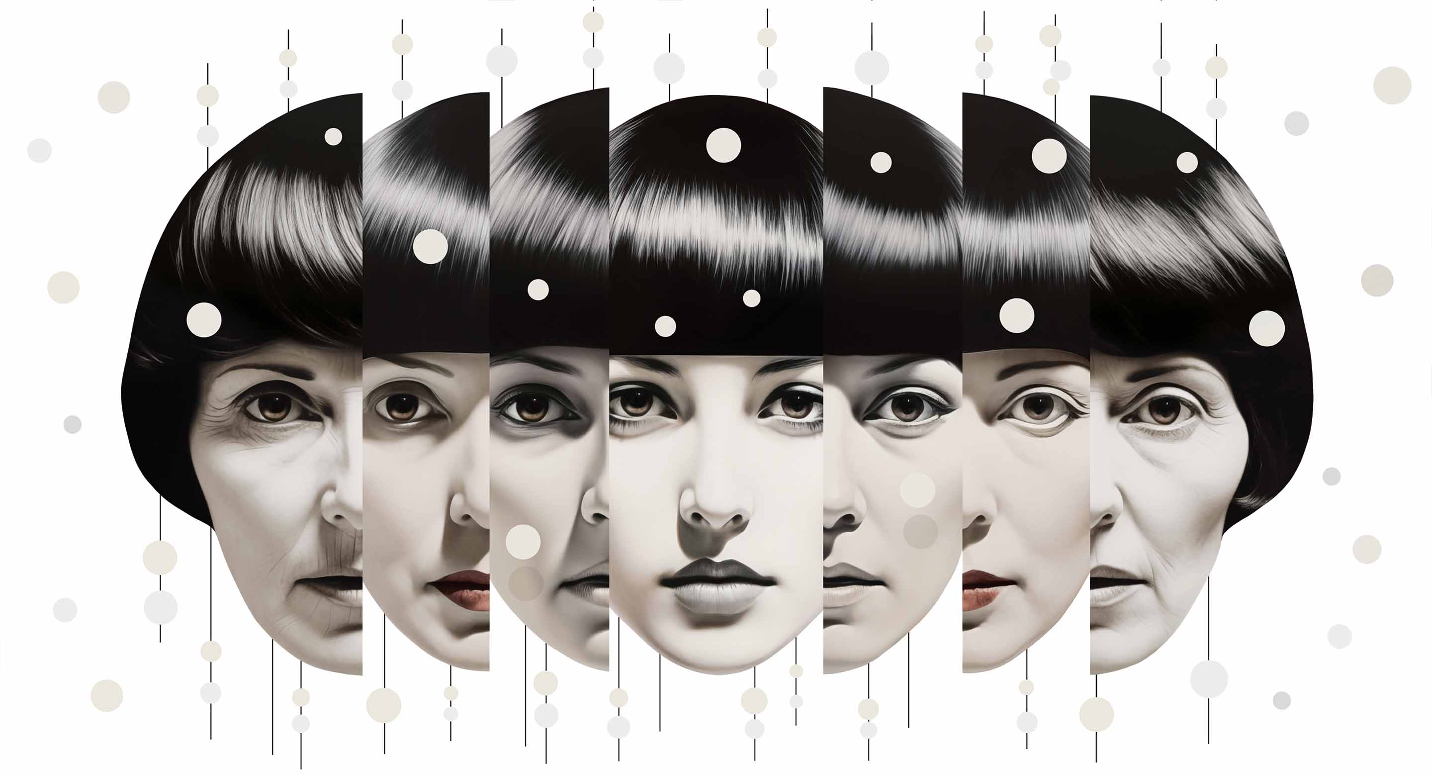 Illustration shows strips of a woman's face. From the middle out, each strip shows that the woman has visibly aged. Lines and circles adorn the illustration.