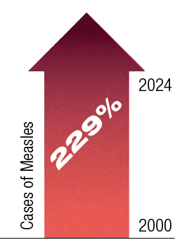 Graphic of a red arrow pointing up representing a 229% increase in cases of measles from 2000 to 2024.