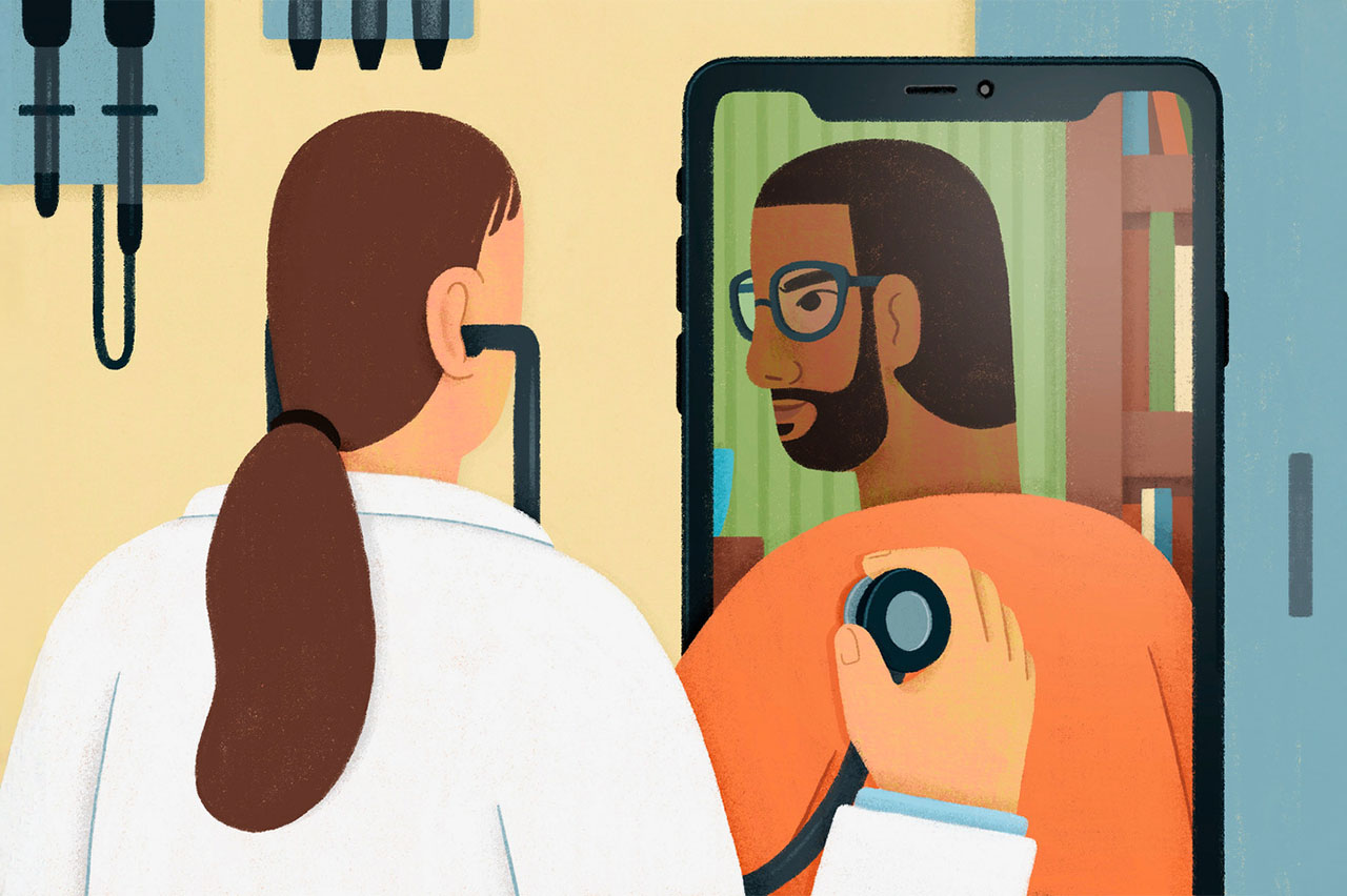 Illustration of a doctor in an office reaching through a phone screen and holding a stethoscope on the back of a patient in the phone.