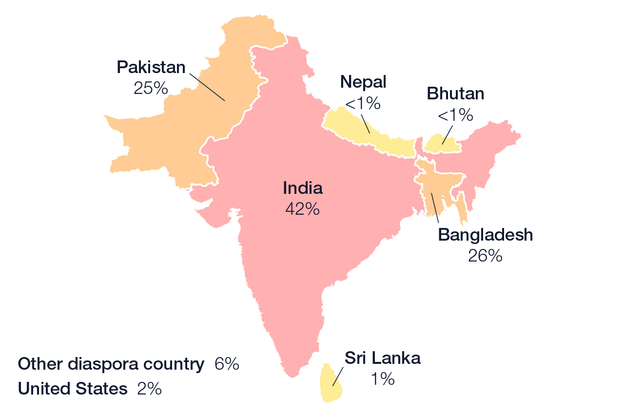 Map of South East Asia indicates the percentage of participants from each country: India, 42%; Bangladesh, 26%; Pakistan, 25%; Sri Lanka, 1%; Nepal, <1%; Bhutan, <1%". Two labels to the side of the map read: "Other diaspora country, 6%; United States, 2%."