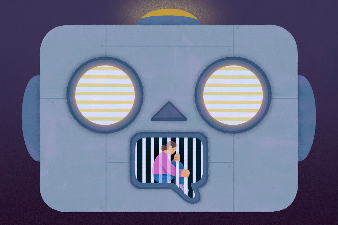 A robot with a mouth shaped like a speech bubble with cage bars and a person inside.