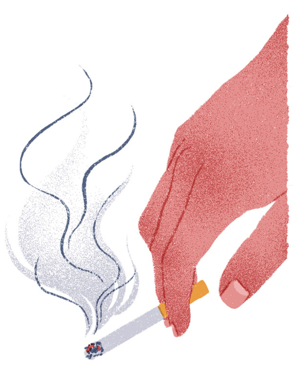 An illustration of a hand holding a lit cigarette with smoke rising from the burning tip.