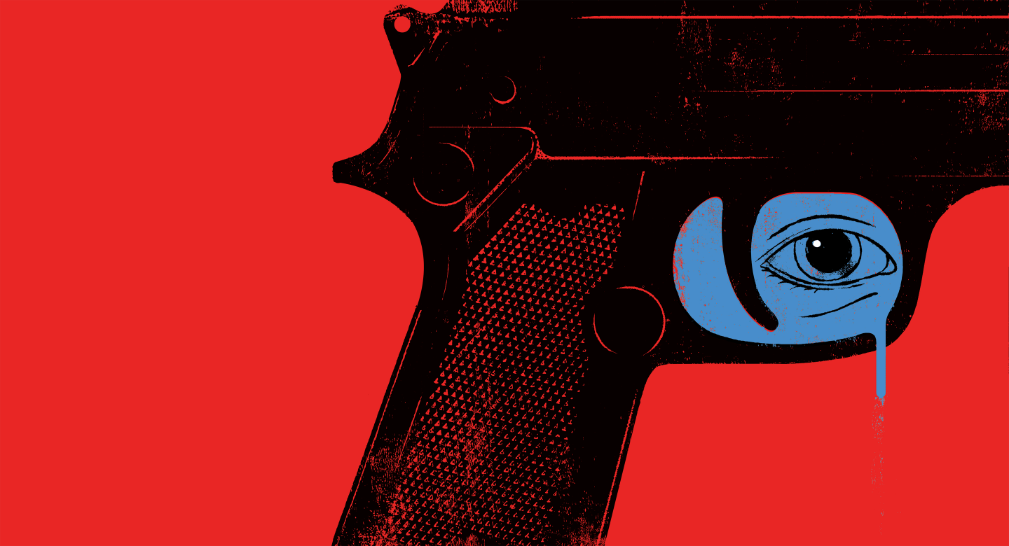 Illustration of part of a gun shown in black over a red background; inside the trigger area is an eye on a blue background; the blue drips from the gun.