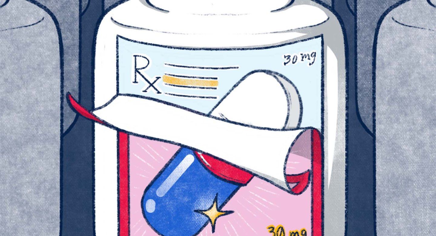Illustration of a pill bottle with a colorful label being pulled off to reveal a dull looking label for the same drug.