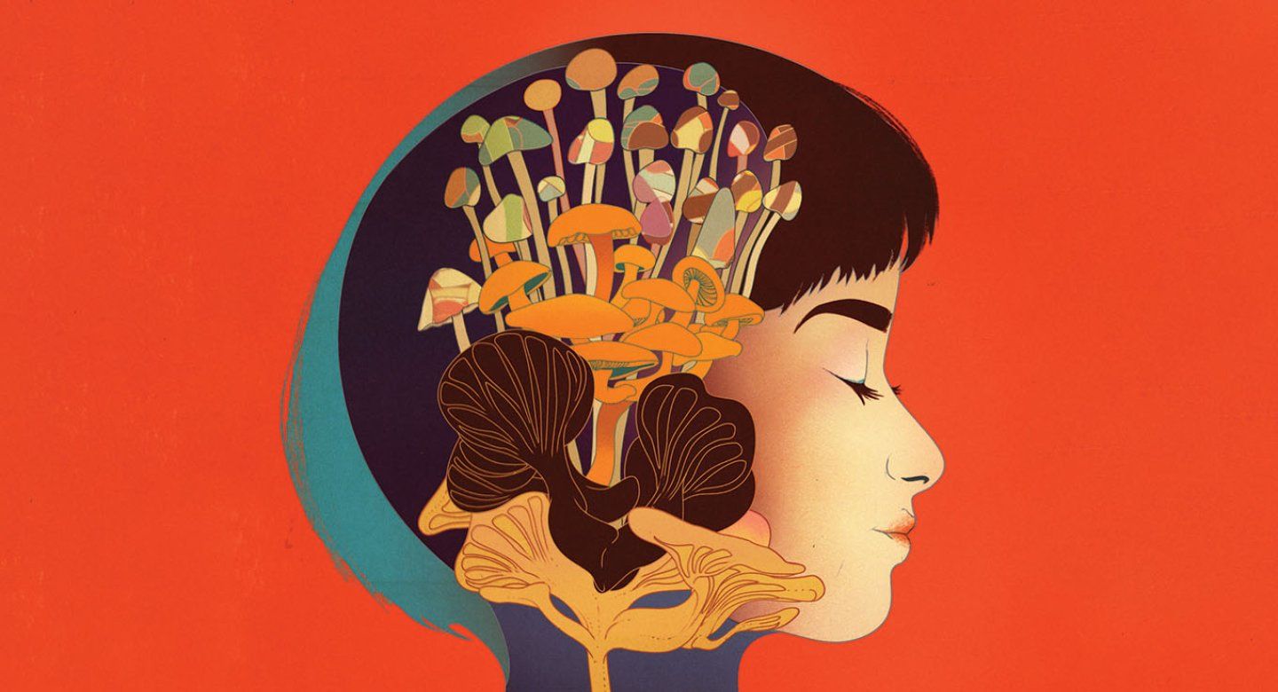 Illustration of a silhouette of a woman with mushrooms blooming in her mind.