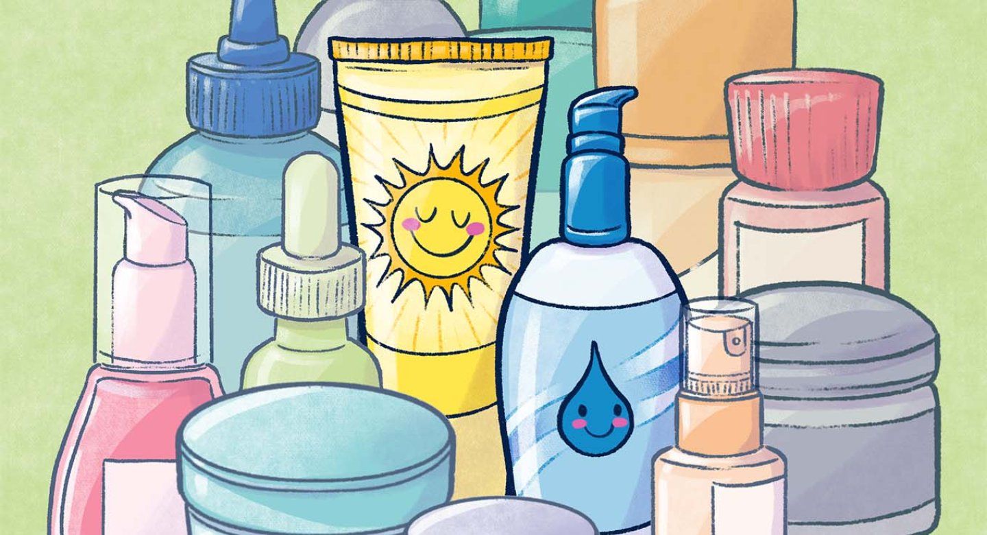 Illustration of a many skin care bottles and products. A tube with a sun and a bottle with a water drop standout.