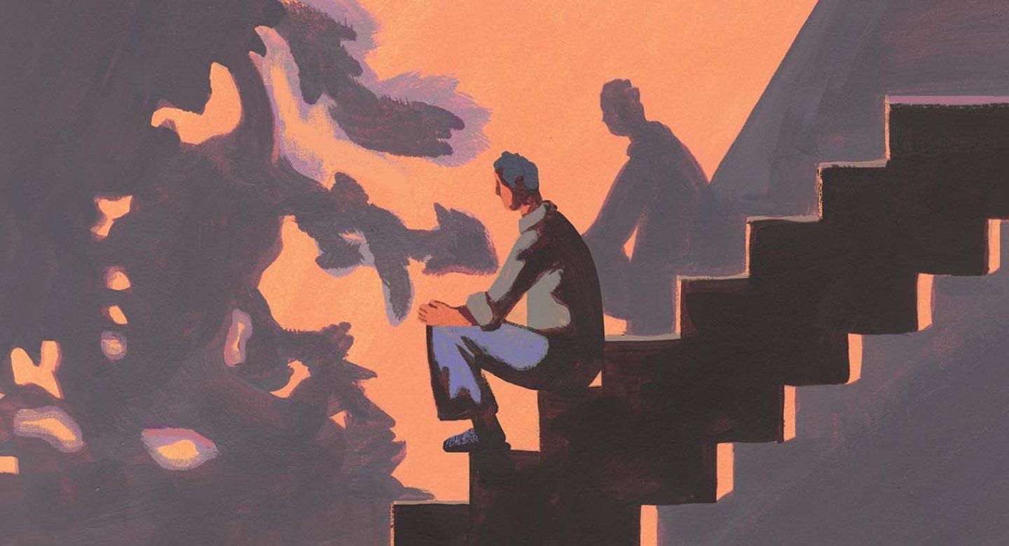 Painted illustration of an older man sitting on a staircase, his head leaning down, with shadows of trees in the background.
