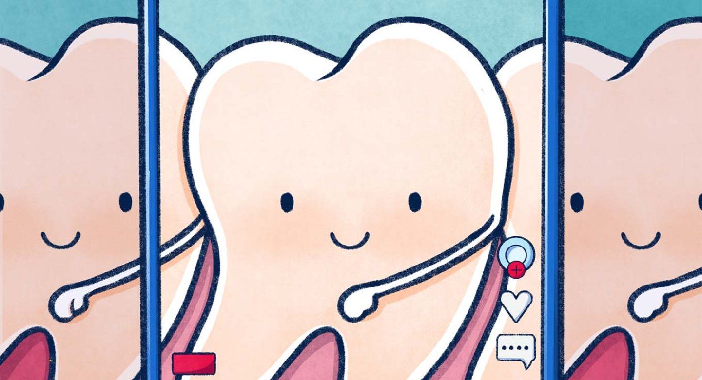Illustration of a cute teeth doing the "flossing" dance behind a cell phone with TikTok engagement meters.