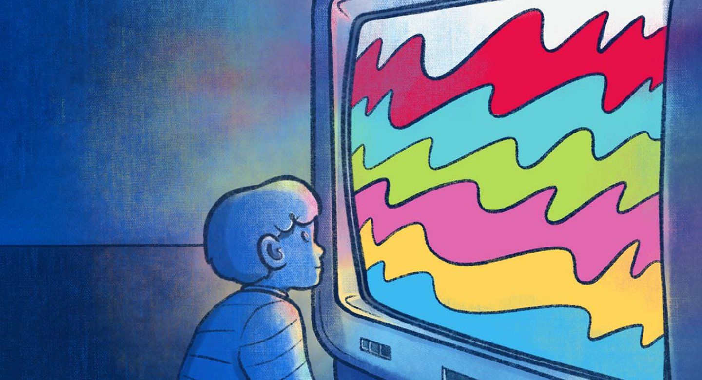 Illustration of a young child sitting directly in front of a TV with colorful screen waves.