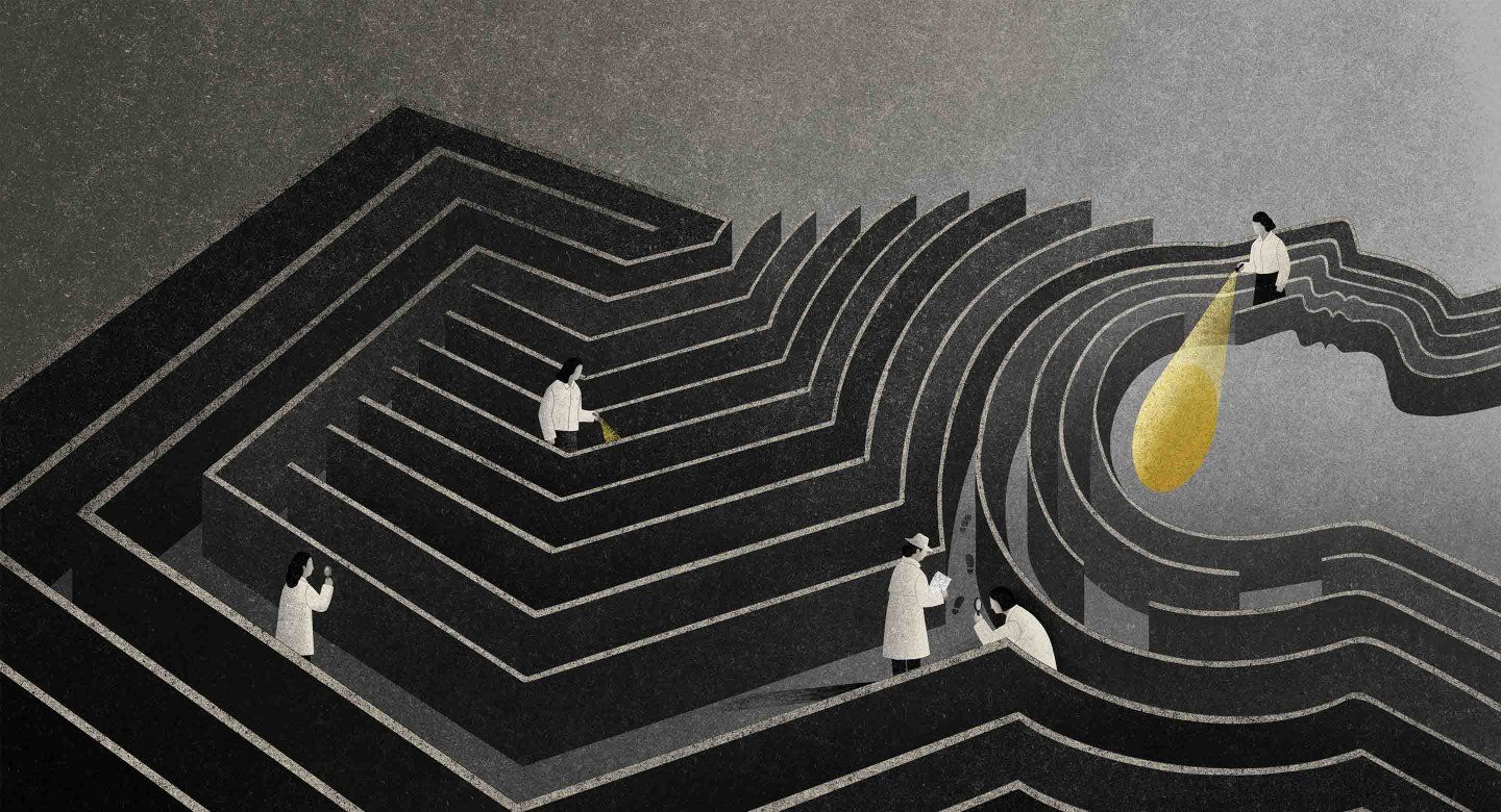 Illustration of a dark maze; the inner circle is the shape of a profile of a human head. Five people walk around the maze in white coats investigatings the walls with magnifying glasses and flashlights. One figure wears a fedora and see footprints. Another figure shines a flashlight where the brain would appear on the head silhouette.