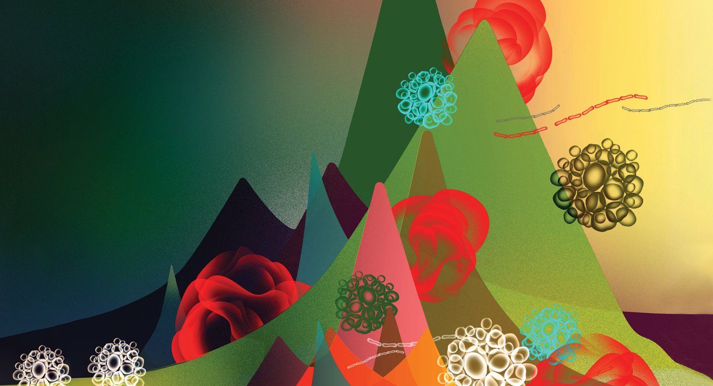 Abstract illustration with colorful geometric shapes resembling mountains or charts and graphs, adorned with intricate circular patterns representing fungi and viruses in red, blue, and gold hues. The background transitions from dark green to a warm yellow gradient.