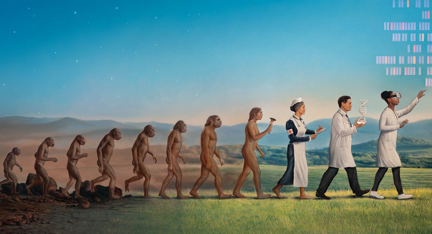 Painting depicts the evolution of man from ape to human, with several side profile figures walking in a line in front of a blue sky and grassy day landscape. The figures are apes, hominids, a Neanderthal, and humans. The first human is nude and holds a primitive tool; the following human is a female, early 20th-century nurse; the next is a man in a white doctor's coat, holding a model of a DNA double-helix; the final human is a woman wearing modern clothes and a virtual reality headset.