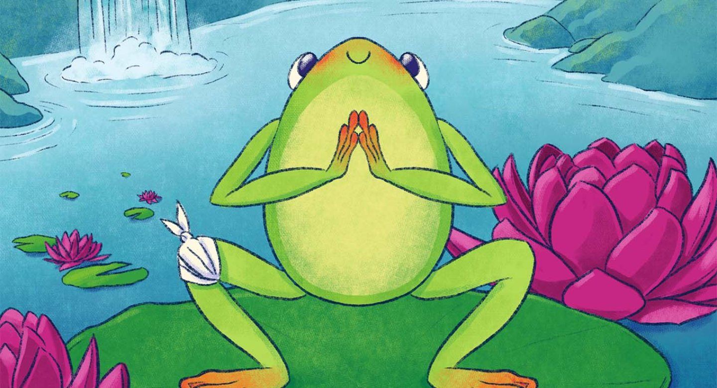 A cartoon frog squats on a lily pad, with hands together in a meditative pose. A bandage is on its knee.