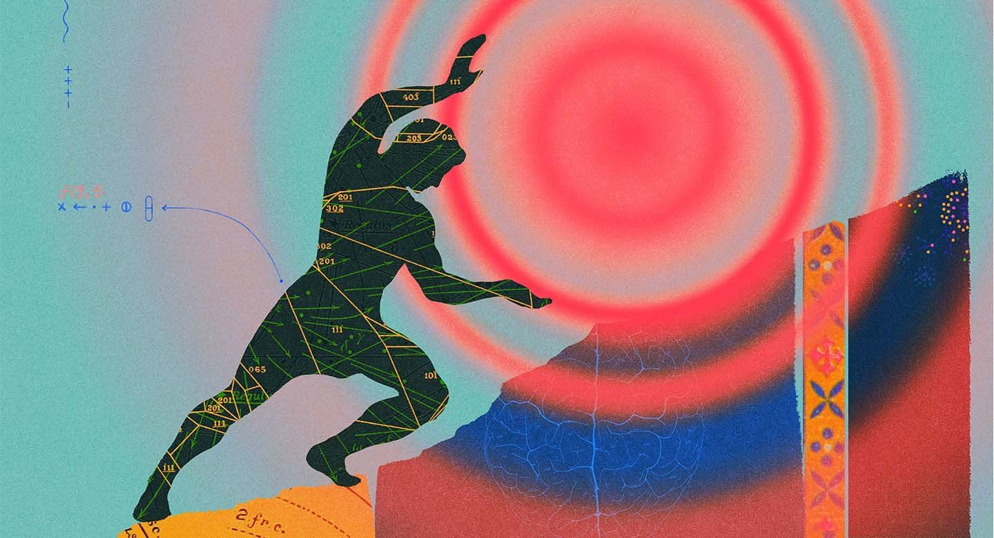 Collage-style illustration of the silhouette of a man pushing a pulsating red dot up a mountain. Collaged diagrams of brains make up the mountain.