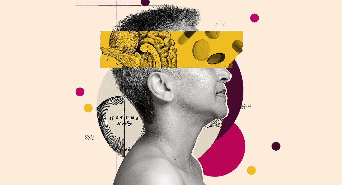 Collage-style photo illustration of a portrait of a short-haired person facing right, overlaid with a yellow band across the eyes showing an anatomical brain drawing and floating pills; behind the head are vintage medical illustrations and abstract colored circles on a pale background.