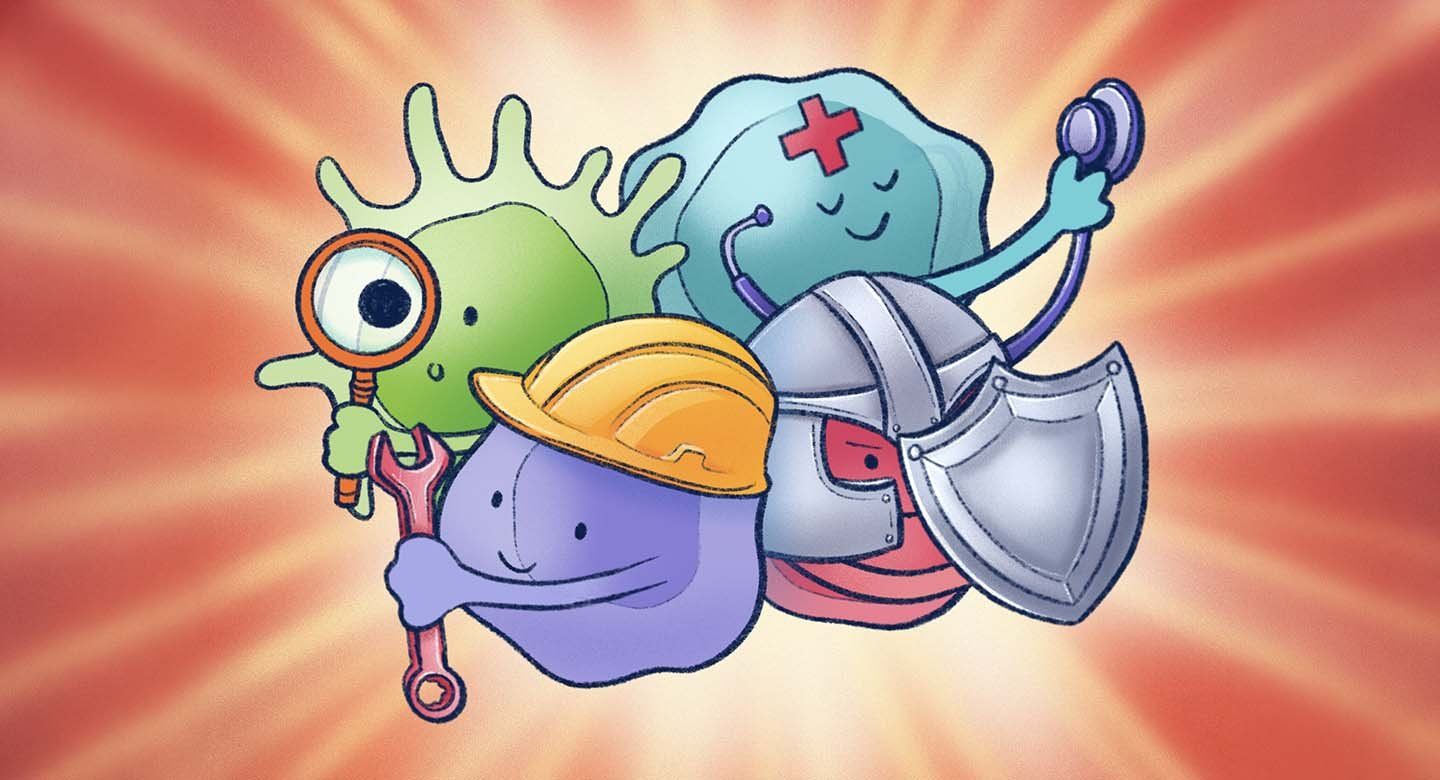 Illustrated cartoon of four friendly immune-system characters posed like a superhero team: a green germ detective holding a magnifying glass, a purple cell with a wrench and yellow hard hat, a blue medical cell with a red cross using a stethoscope, and a red armored cell with a shield, all against a radiant orange background.