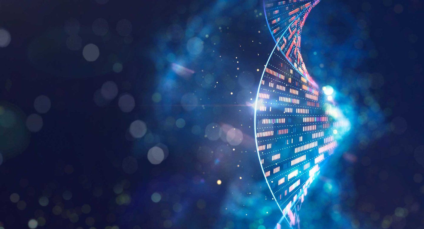 Illustration of a glowing DNA double helix with highlighted genetic markers on a dark blue background.