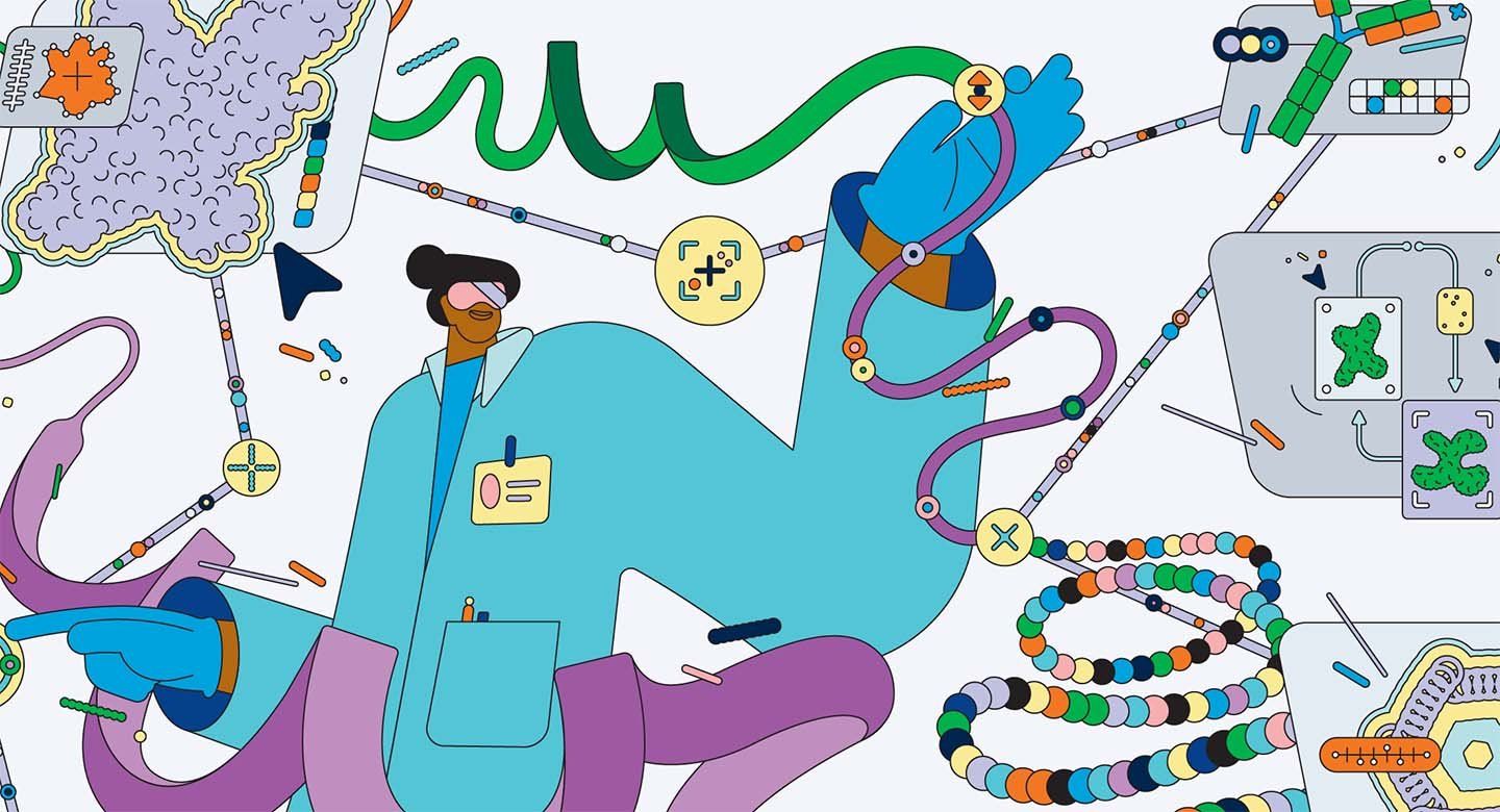 A colorful, flat illustration of a person in a blue lab coat, surrounded by shapes like amino acid chain circles, helical protein structures, and high-tech devices.