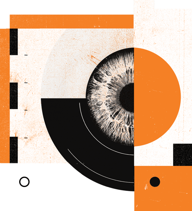 Conceptual Illustration of an eye, overlapping orange, black and white boxes and circles.