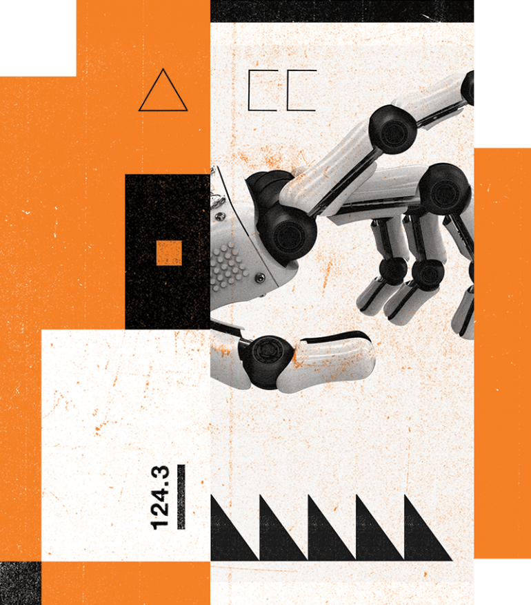 Conceptual Illustration of a robotic hand, overlapping orange, black and white boxes and circles.