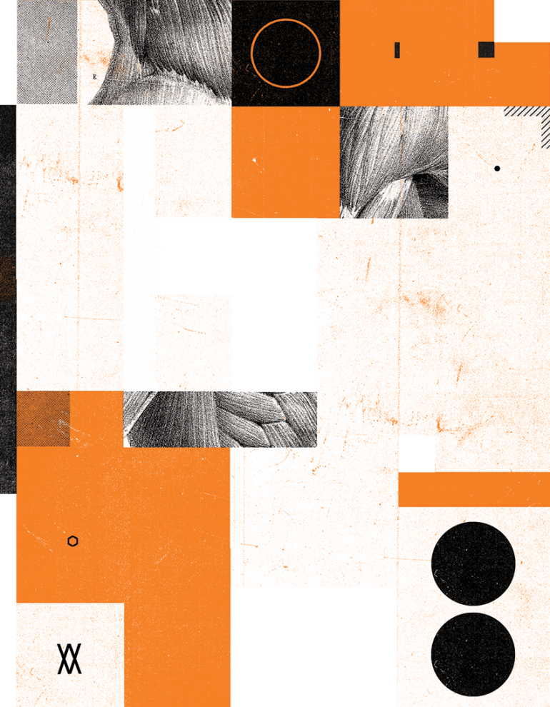 Conceptual Illustration of muscles, overlapping orange, black and white boxes and circles.