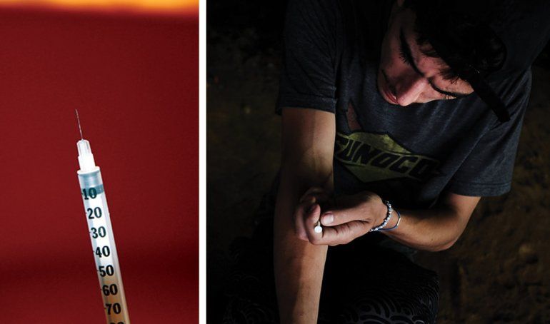 Left image: a hypodermic needle; right image: a man gives himself an injection in her forearm.