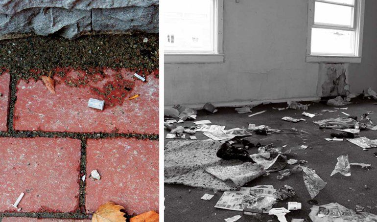Left image: photo of a brick sidewalk, littered with hypodermic needle parts; right image: a ransacked abandoned room, covered with garbage.