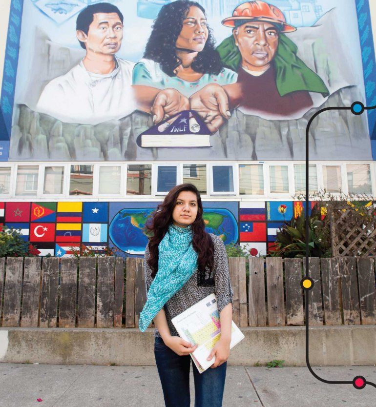 High school student, Mishal Durran, stands in front of a mural in San Francisco.