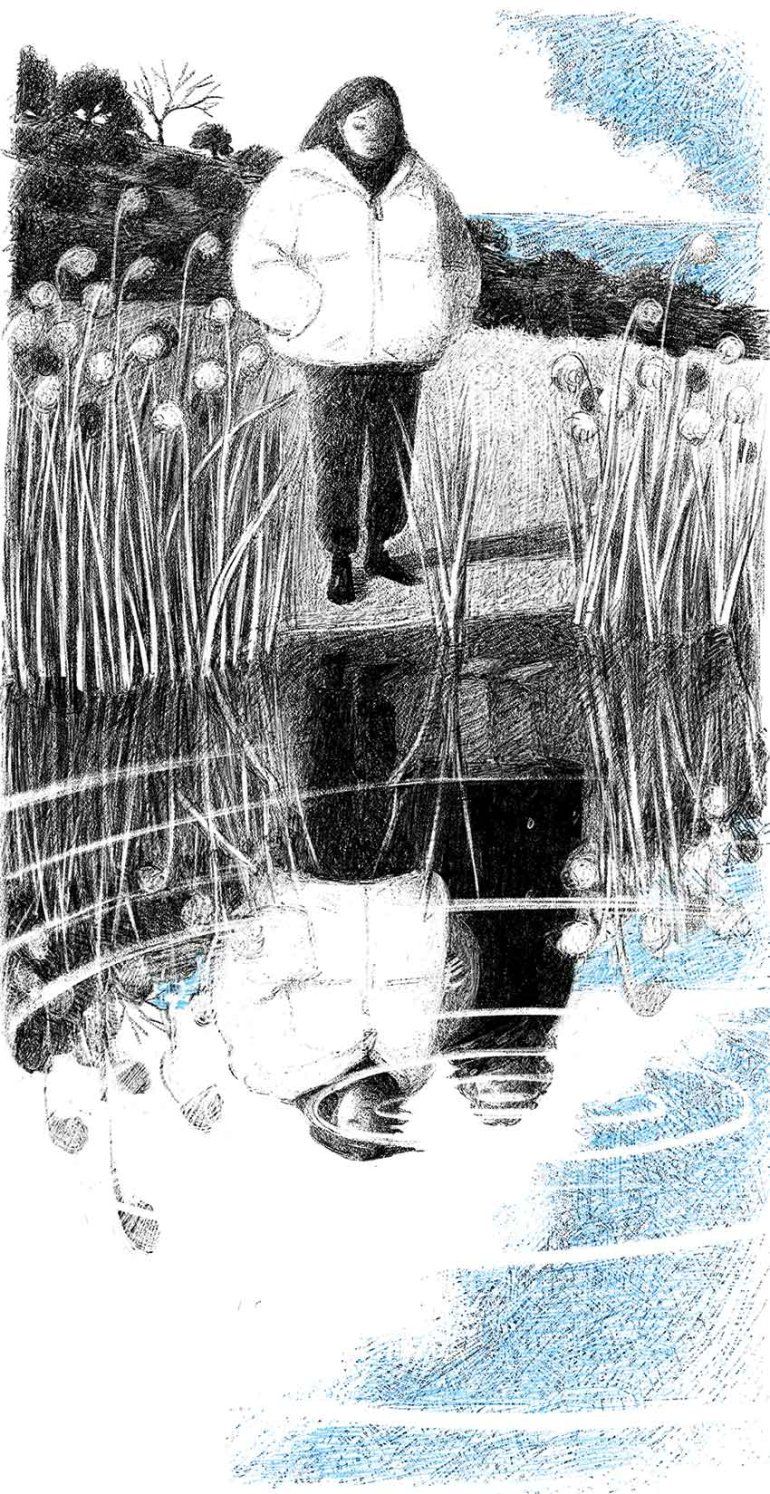 Illustration of a woman in a puffy winter coat standing by a pond, looking at the reflection. A second woman is seen next to her in the pond reflection.
