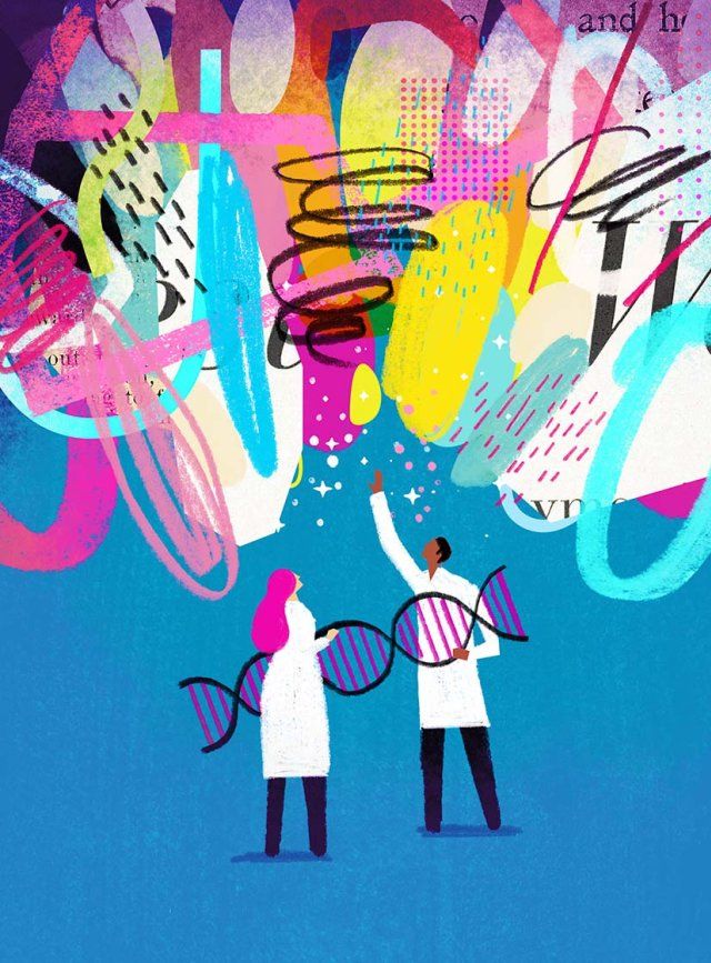 Illustration of two scientists in white coats holding a large DNA double helix, looking up. One scientist reaches up above him into a large abyss of colors, scribbles, letters, dots, and stardust.