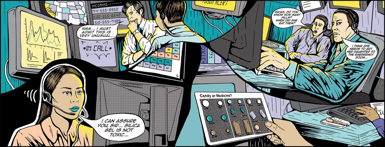 A collage of Poison Control Center operators assessing various incoming calls. In one scenario, a man is sweating bullets and saying to a colleague, "Hmm... I must admit this is very unusual...". In another scenario, a female operator wearing a headset says, "I can assure you, sir... silica gel is not toxic...". In a third scenario, one operator says, "Ma'am, do you know how many pills? When did she eat them?" while another says, "I think she needs to get her daughter to the emergency room...". 