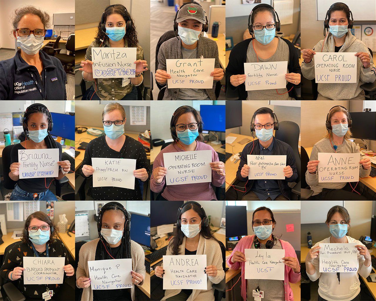 Collage of photos of UCSF COVID hotline team members, holding signs with messages of support.