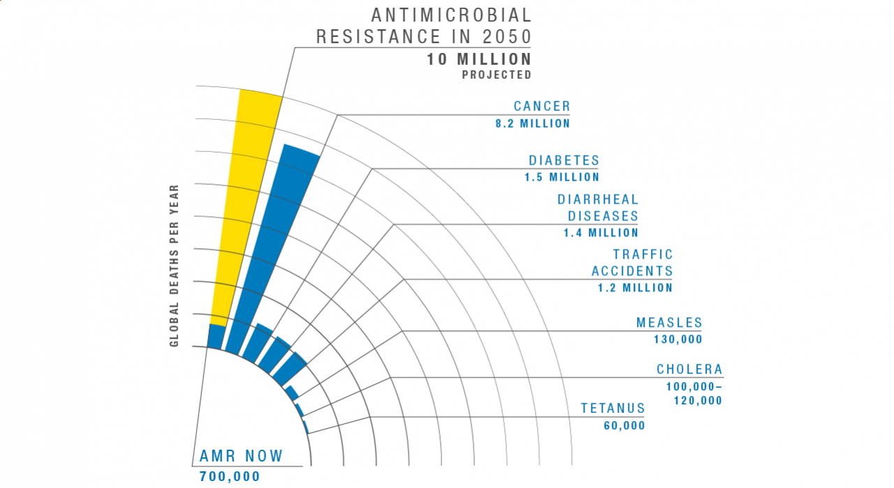 Image of bar graph. Vertical axis label: Global deaths per year. Vertical bars labeled, from left to right: Antimicrobial resistance in 2050 – 10 million projected; AMR now – 700,000; Cancer – 8.2 million; Diabetes – 1.5 million; Diarrheal diseases – 1.4 million; Traffic accidents – 1.2 million; Measles – 130,000; Cholera – 100,000 to 120,000; Tetanus – 60,000.