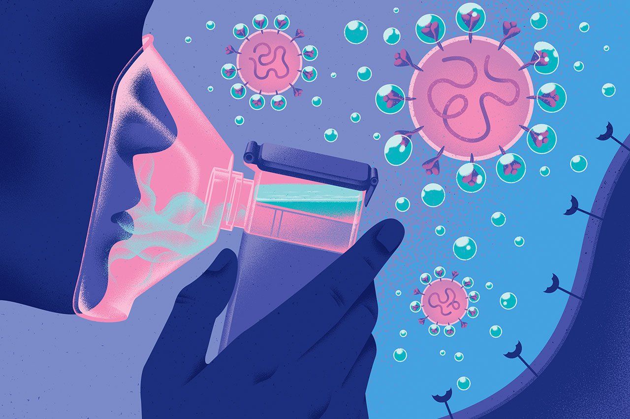 Illustration of a person using a handheld nebulizer inhaler; SARS-CoV-2 cells are floating in the background and bubble surround some of their ACE2 receptors.