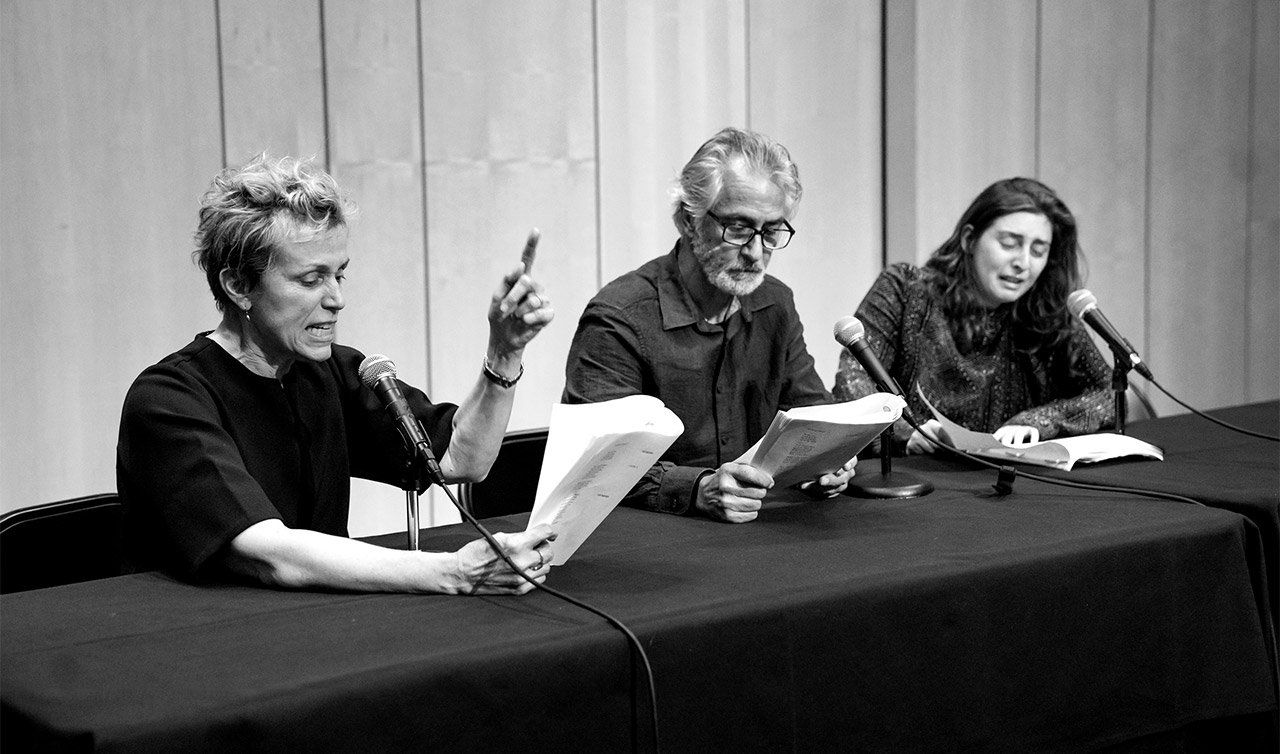 From left to right: Frances McDormand, David Strathairn and Marjolaine Goldsmith read selected scenes from Sophocles' Ajax at UCSF’s Cole Hall.