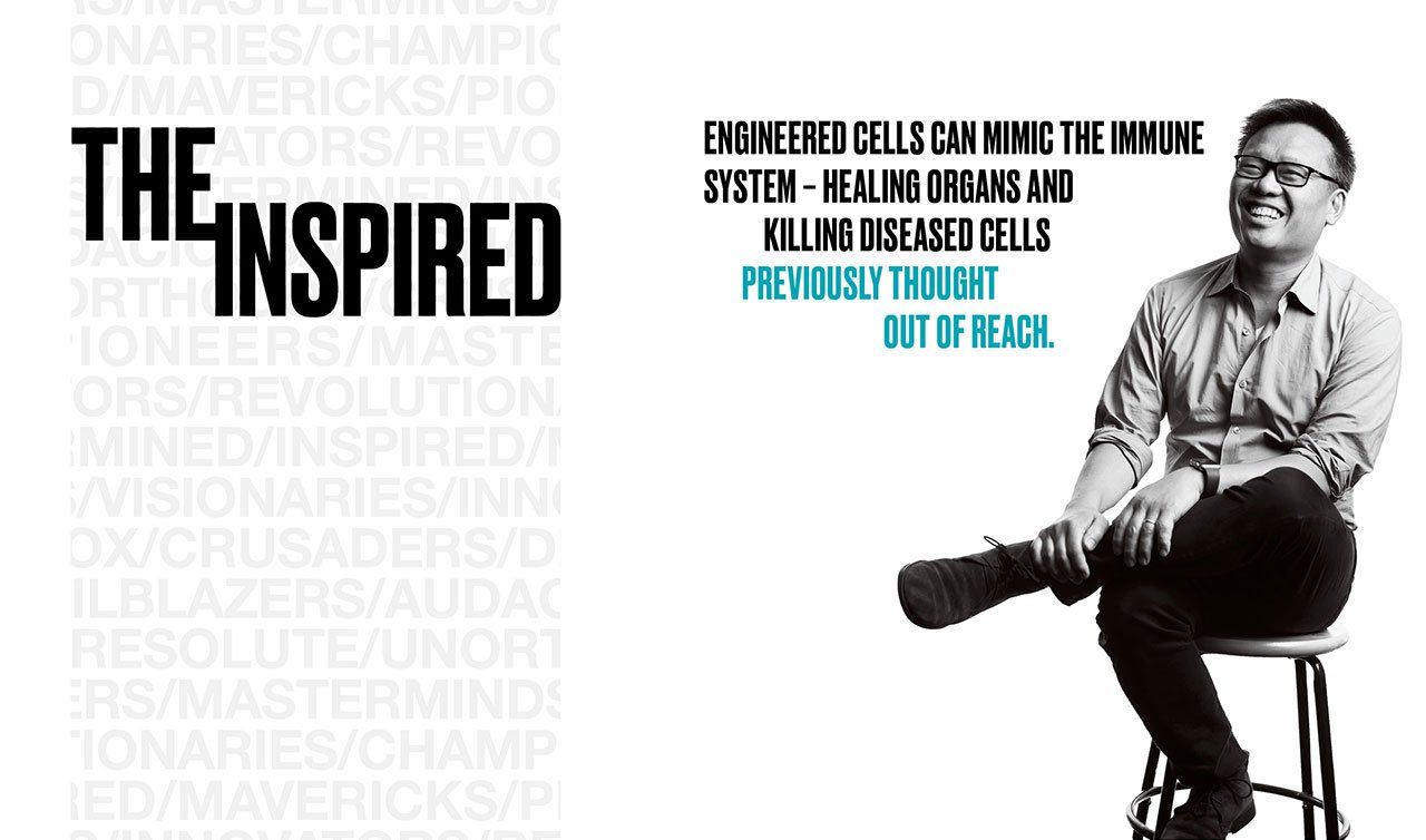 Black and white photo of Wendell Lim; text on image reads “The Inspired: Engineered cells can mimic the immune system – healing organs and killing diseased cells previously thought out of reach.”