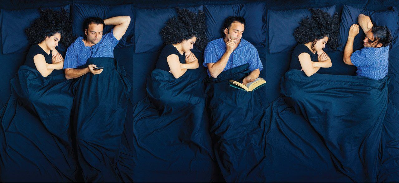 A series of three photos of a man and women in bed; the woman is fast asleep, the man looks at his phone, reads a book, and tosses around, frustrated.